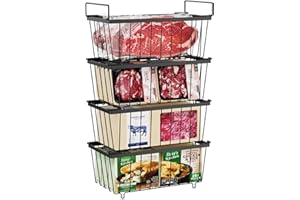iSPECLE Chest Freezer Baskets - 4 Pack Stackable Wire Basket Add Space for 198L Deep Freezer Easy Get Food with Handles, Chest Freezer Baskets Sort Food Air Circulation Keep Better Freshness, Black