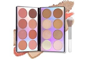 Jutqut 16 Colours Blush Contour Highlighter Makeup Palette with Brush, Highly Pigmented Make Up Palette 3-in-1, Blush Palette Matte Shimmer Glitter Facial Beauty