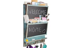 COMFIFY Rustic 2-Slot Mail Sorter Organizer for Wall w/Chalkboard Surface & 3 Double Key Hooks - Wooden Wall Mount Mail Holder Organizer – Wall Décor for Entryway Made of Paulownia Wood - Distressed Blue