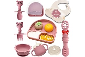 BABYMY Assiette ventouse avec compartiments, antidérapant en silicone sans BPA bol & cuillère d’apprentissage pour bebe 1er age - cadeau coffret repas - lot de vaisselle passe au micro ondes
