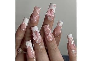 Goiern 24 sztuki paznokci do naklejania, średniej długości, stras, różowe, sztuczne paznokcie, kwadratowe, błyszczące, kwiaty 3D, sztuczne paznokcie