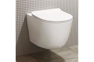 ROYAL BATHROOMS Wall Hung Rimless Toilet Short Projection 360mm Gloss White Round Pan Modern Bathroom Style & Slim Soft Close Seat – Compact Fit (Elva).