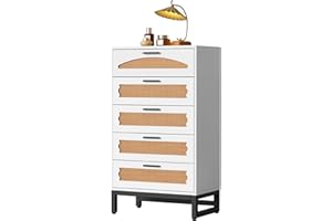 Mericonia Kommode mit 5 geräumigen Ablagefächern Rattan-Kommode mit stabilen Griffen und Beinen Moderne Kommode für Schlafzimmer, Wohnzimmer und Flur, weiß