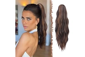 FESHFEN Extension Queue de Cheval Pince, Postiche Cheveux Naturel Ondulées Ponytail Longue Extensions de Cheveux Synthétique Fausse Queue Cheval pour Femme, 50 cm Noir et Brun Caramel