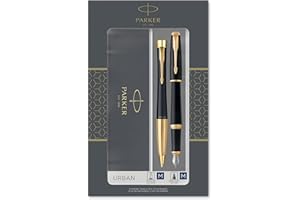 Parker Urban Duo coffret-cadeau avec stylo bille et stylo plume | finition laquée noire pâle avec attributs or | recharge et cartouche d’encre bleue | coffret-cadeau