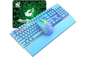 URCHOICELTD Teclado inalámbrico recargable de tacto mecánico de 2.4 G, retroiluminación arcoíris + 2400 DPI 6 botones LED mouse para juegos + reposamuñecas ergonómico de espuma viscoelástica de piel sintética con