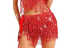 Flovel Rock mit Pailletten, Quaste, Bauchtanz, Hüfttuch, Rave-Kostüm, Fransenrock, Karneval-Rave-Outfit für Frauen und Mädchen