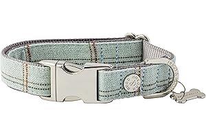 HUGO & HUDSON Tweed Dog Collar, Adjustable Quick Release Safety Metal Buckle, Aqua Checked, S