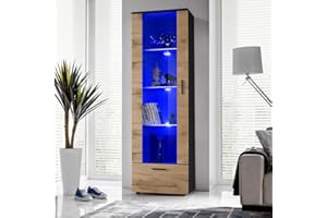‎KOMODEE Komodee, Vitrine Schrank Alessandria, Schwarz/Wotan, Breite 60cm x Höhe 192cm x Tiefe 42cm, LED Blau, 3 Glasböden, 1 Regal aus laminierter Platte, für Wohnzimmer, Schlafzimmer