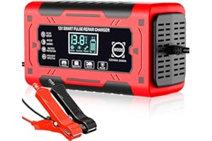 DSGKUU Autobatterie Ladegerät, 12V/6A Smart vollautomatische KFZ Batterieladegerät mit Temperaturkompensation für Auto LKW Motorrad Rasenmäher Boot Marine Batterien Rot (RED)