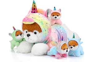 Skylety SE6186 Pack of 5 Dog Stuffed Toys Puppy Cuddly Toys 1 Large Plush Mum Dog with 4 Mini Baby Dogs Cute Plush Dog Gift for Birthday Christmas Children's Day Party Blue Pink
