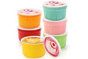 WPPQWP Lot de 6 ramequins en céramique pour crème brûlée, Ø9cm 220ml, moules à soufflé avec couvercle, résistants au four, ramequins pour pudding, coupes à dessert, mini plat à gratin coloré, pour la