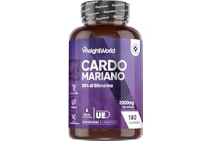WEIGHTWORLD Cardo Mariano Vegano, 80% di Silimarina, 1 Capsula al Giorno da 2000 mg, 6 Mesi, Estratto 40:1 da Semi di Cardo Mariano, Silybum Marianum (Milk Thistle), Senza Magnesio Stearato, Prodotto in Europa