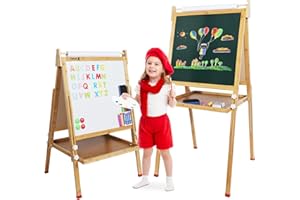 Dripex Kids Easel Bamboo,Childrens Art Easel with Paper Roll,Double-Sided Height Adjustable Magnetic Chalkboard Easel,Kids Painting Blackboard with Other Accessories for Toddler