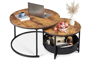 ‎WLIVE WLIVE Couchtisch 2er Set, 80 Durchmesser Groß Wohnzimmertisch, 60 Durchmesser Beistelltisch Rund mit Stauraum, Metallgestell, Kaffeetisch für Wohnzimmer (Rustikales Braun)