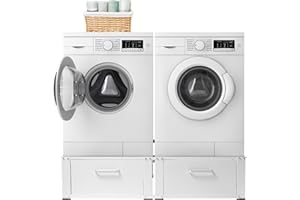 Vonia Waschmaschinen Untergestell mit 2 Schubladen, Doppel Podest für Waschmaschine und Trockner, Stahl Sockel, Stabil & 200kg Tragkraft, 127 x 54 x 31, Weiß