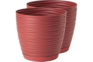 Home Garden Ornaments Plant Pots Indoor – Set of 2 Plastic Flower Pots with Saucer and Drainage Holes, Decorative 3D Wave Design (Red, 15cm / 5.9 inch)
