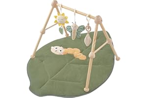 Cottonbebe 4 IN 1 Blatt Spielbogen Baby, Spielmatte Babies mit Natur Holz Activity Spielbogen, 3 abnehmbaren Spielzeugen zum Greifen, für ab 0-3-6-12-36 Monaten