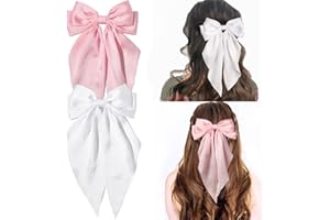 Kinretixia® 2 Stück Haarschleifen-Clips für Frauen, große Satin-Haarschleifen, langer Schwanz, Krokodilklemmen, große Haarschleife, Mädchen-Haar Rosa/Weiß