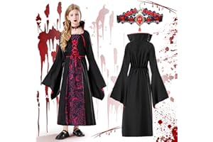 FFTANXS Costume Vampiro Bambino Nero e Rosso,Costume Vampira Bambina Con Collana,Vestito Vampira Bambina Gotico,Costume Halloween Bambina Per Carnevale,Festa A Tema,Dracula, Cosplay Party