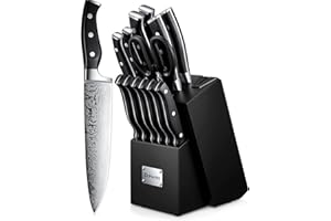 D.Perlla Couteau Cuisine, Bloc de Couteaux 14 pièces avec Affûteur Intégré, Bloc de Bois Noir, Couteaux Ciseaux, Acier Inoxydable, Manche Noir