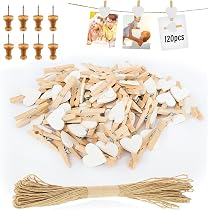 Lot De 160 Pinces à Linge Miniatures En Bois En Forme De Cœur - Pour Photos, Déco Mariage, Bricolage, Avec Corde De Jute