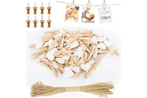 Hengxinc 128 Pezzi Mollette Legno Piccole Amore 30MM Mollette Legno Matrimonio Mollett Piccole Per foto Per Polaroid Foto Con 10M Jute String DIY Mini Mollettelegno per Esposizione a Parete (bianco)