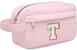 TOOZEN Trousse Maquillage Femme, Pochette Maquillage avec Initiale, Sac de Maquillage de Voyage Velours Côtelé Trousse de Toilette Cosmétique Cadeau d'anniversaire Noël Idéal pour Maman Fille Amie Epouse T