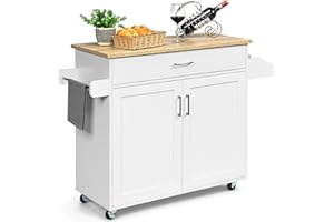 COSTWAY Kitchen Storage Trolley, Rolling Kitchen Island with Adjustable Shelf and Large Drawer, Home Restaurant Dining Room Organiser Sideboard Cupboard Cabinet Cart, 116 x 40 x 85cm (White)