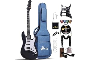 Winzz Guitarra Eléctrica Adulto 4/4 Tamaño Completo, Pastilla HSS, Guitarra Eléctrica ST para Principiantes Pack con 12 Accesorios, Electric Guitar Kit por 12+ Años (39" Negro Mate, Pickguard Blanco)