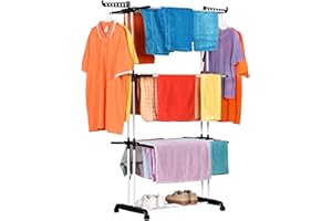 NK Stendino Verticale Salvaspazioa 4 Livelli - 6 Ripiani Retrattili + 2 Ali Laterali con Supporto per Grucce + Scarpiera, Ruote a 360°, Colore Nero e Bianco (19m di Biancheria)