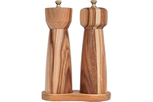 DeroTeno Set macina sale e pepe con vassoio, macina sale regolabile in ceramica, macina sale in acciaio inox, macinapepe, legno di acacia, altezza 20,5 cm, diametro inferiore 6 cm
