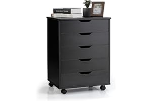 KOMFOTTEU Komoda z 5 szufladami, mobilny schowek z 4 uniwersalnymi kółkami, drewniany segregator pionowy, do salonu, sypialni, biura, nauki, 49 x 42 x 66 cm (czarny)