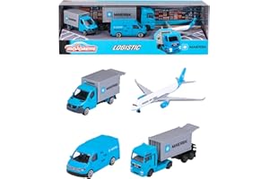 Majorette 212057290 Maersk, 4 pak - w zestawie 3 pojazdy oraz samolot Airbus, metalowe, die cast, ruchome elementy