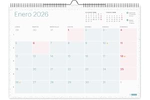 Miquelrius - Calendario 2026 de pared Lovely, Organizador anual A3: 420 x 296 mm, Espacio para anotar, Planificador 12 meses, Espiral doble, Español, Incluye adhesivos, Colores pastel