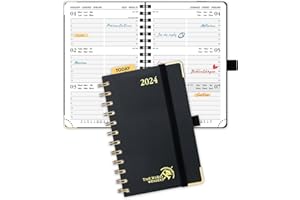 POPRUN Agenda de poche 2024 A6 Semainier 16 x 10,5 cm, Petit Planner 12 Mois De jan 2024 à déc 2024 avec Couverture Rigide Spirale, Poche intérieur, Papier Certifié FSC®100 g/m²- Noir