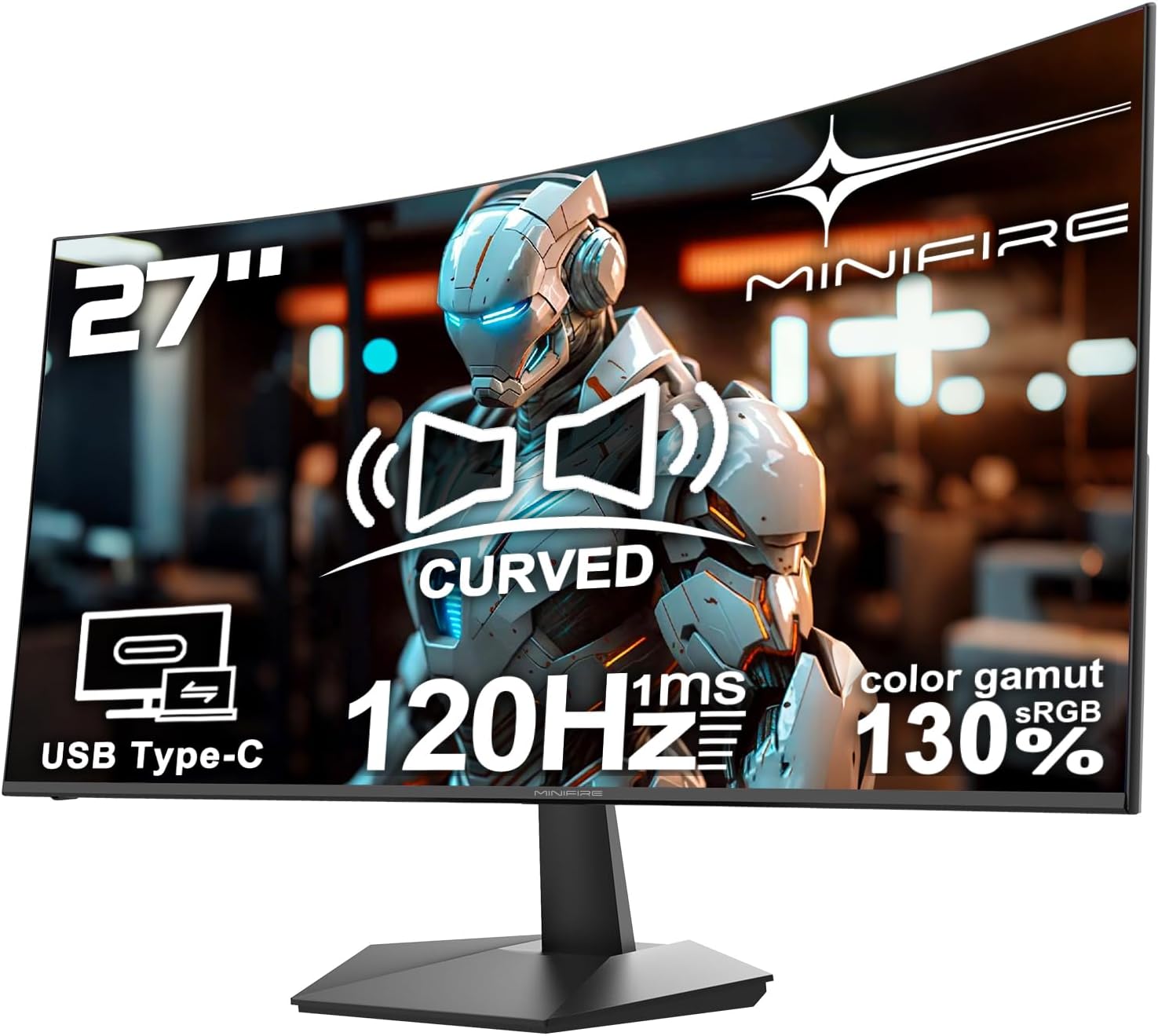Minifire 27 Inch 120Hz Curved Monitor, USB Type-C Port, Built in Speaker, Eye-Care for Business/Office, FHD 1080p PC Screen, VESA 100x100, FlickerFree, Lowblue Mode, Anti Glare, HDMI Port (MF27C1)