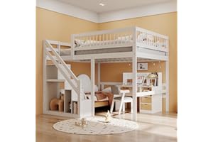 ‎JOVIFY Kinderbett Etagenbett 140x200 cm, Hochbett mit Treppe und Stauschrank, Multifunktionsbett Doppelbett Stockbett Spielbett Kinderhochbett Jugendhochbett mit Lattenrost, Massivholz, Ohne Matratze, Weiß