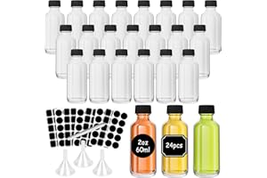 Yishik 2 oz Clear Glass Bottles with Funnel,24 Pack Glass Shot Bottles with lids,60ml Round Boston Bottles for Wine Dispensing,Juice Shots with Airtight Caps for Party Favours,Drinks Storage
