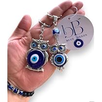 AUGEN Blue Evil Eye Silver Hamsa Hand Keychain - Metal Good Luck Charm Protection Keyring, Anti-Rust, Model 38