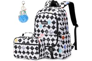 misognare Teen School Backpack Set Printed Book Bag with Lunch Box Pencil Case Lightweight Casual Daypack for Girls and Boys (Lattice Black)