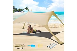CUUPO 7×7 FT Beach Tent Sun Shelter UPF50+ UV Protection, Outdoor Small Canopy Tent Sun Shade with 2 Poles for Camping, Beach, Fishing, Backyard and Picnics Khaki