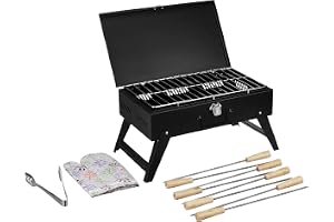 Amazon Brand - Solimo Briefcase Style Foldable Charcoal Barbeque Grill with 8 Skewers (Black)
