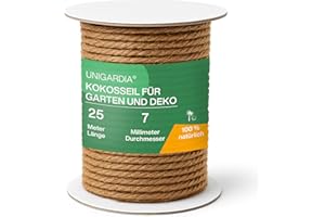 ‎UNIGARDIA UNIGARDIA Kokosseil für Pflanzen 25 m - Kokosstrick für Bäume 7 mm - Kokosschnur als Baumbinder, Rankhilfe, Gartenschnur - 100% Naturband für Dekoration & Kokosfaser für Kratzbäume