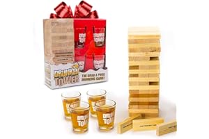ORIGINAL CUP Original DrunkenTower® | Agarra una Pieza con desafíos | 60 Bloques de Madera | 4 Vasos de chupito | Juego de Beber | Bebidas Fiesta | Fiesta en la casa | OriginalCup®