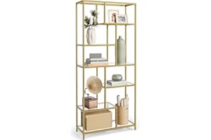 VASAGLE Bücherregal, Regal mit 6 Ablagen, Standregal, Ablagen aus Hartglas, 30 x 80 x 180 cm, für Arbeitszimmer, Büro, Wohnzimmer, Schlafzimmer, Küche, metallisches Gold-transparent LGT502A01