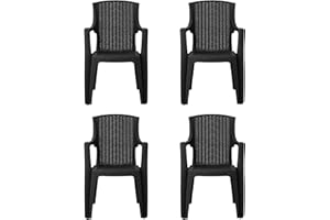 simpa Stackable High Back Plastic Rattan Effect Garden Chairs - Graphite Set of 4