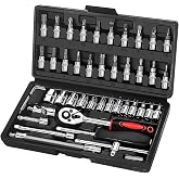 KeZaara 46 Piece Socket Set with 1/4" Ratchet Wrench | Chrome Socket Wrench Set, Ratchet and Tube Wrench Set Suitable for Wor