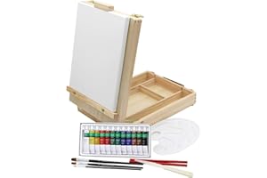 PAINTERSISTERS Set de peinture Chevalet de table Paris 21 pièces 12 tubes de peinture acrylique Lot de 3 pinceaux souples 24 x 30 cm Palette de peinture et plus Mallette de rangement