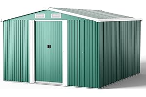 XEMQENER Large Metal Shed with Base, 10x8 FT Garden Shed with Lockable Door and Roof, Outdoor Storage House for Tools, Equipment, Bike, 257x312x178cm, Dark Green